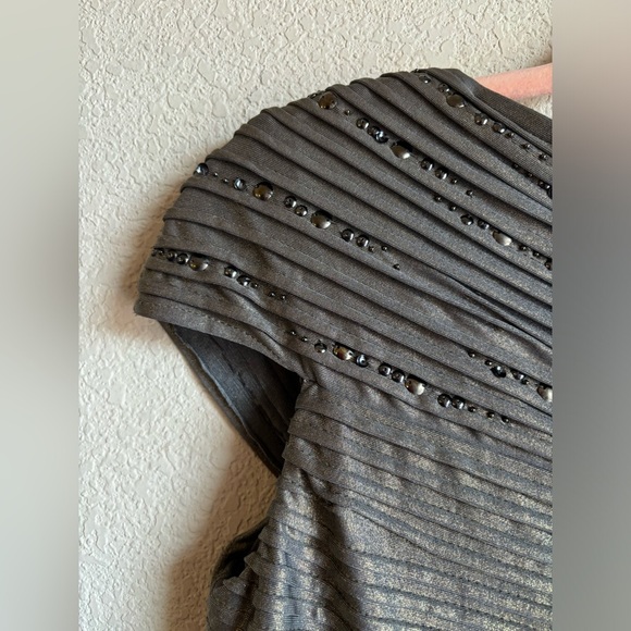 Tadashi Shoji Pewter/Gold Basket Weave Studded Stretch Bodycon Cocktail Dress M - Picture 6 of 15